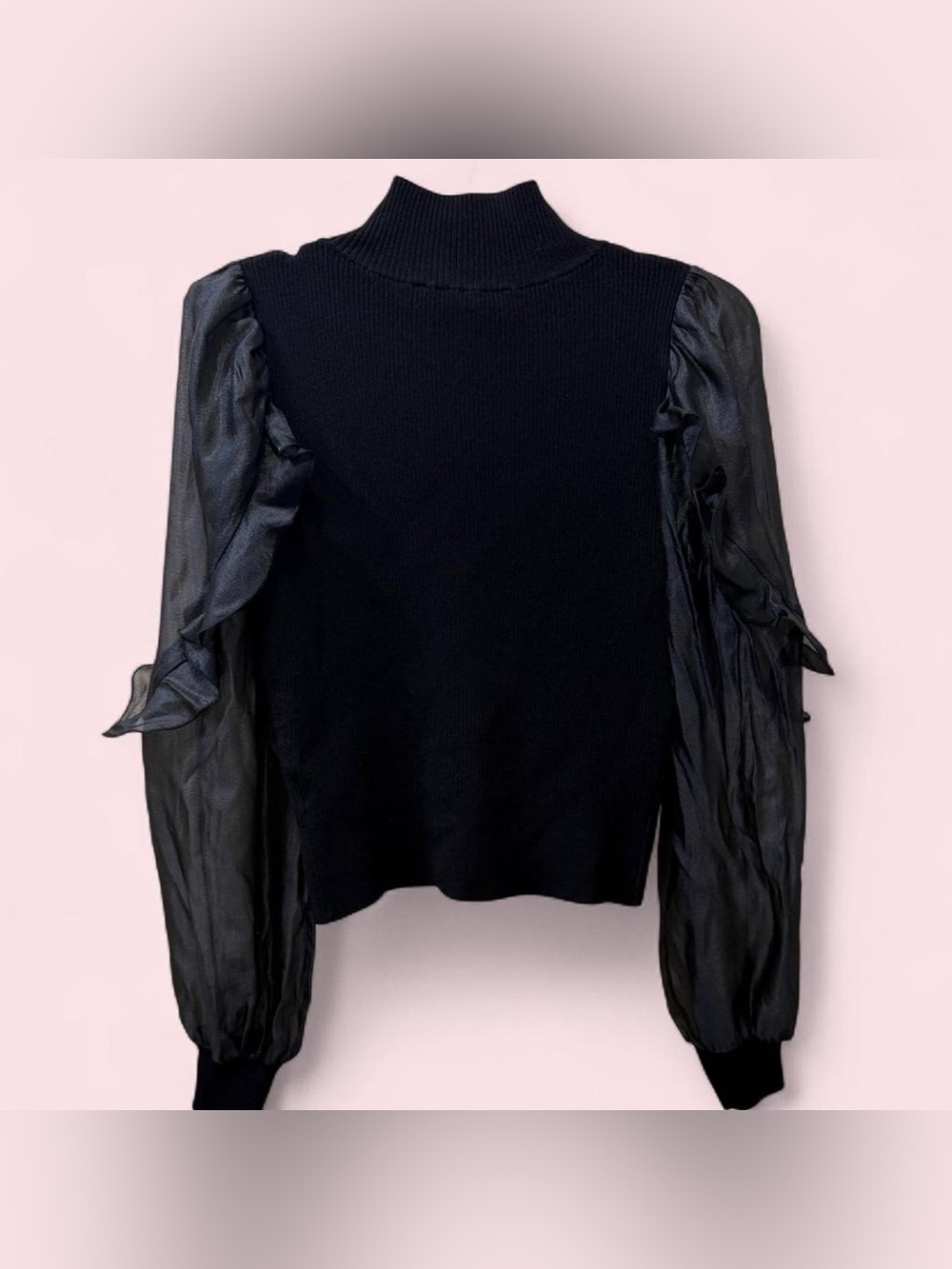 French Connection Black Ruffle Blouse Sweater Sheer Sleeves Small